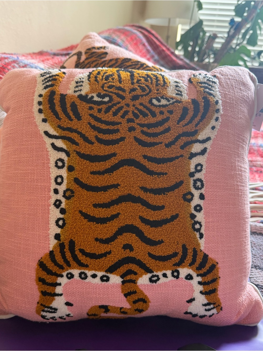 Pink  Flat Tibetan Tiger Accent Pillow - Decorative Home Accent